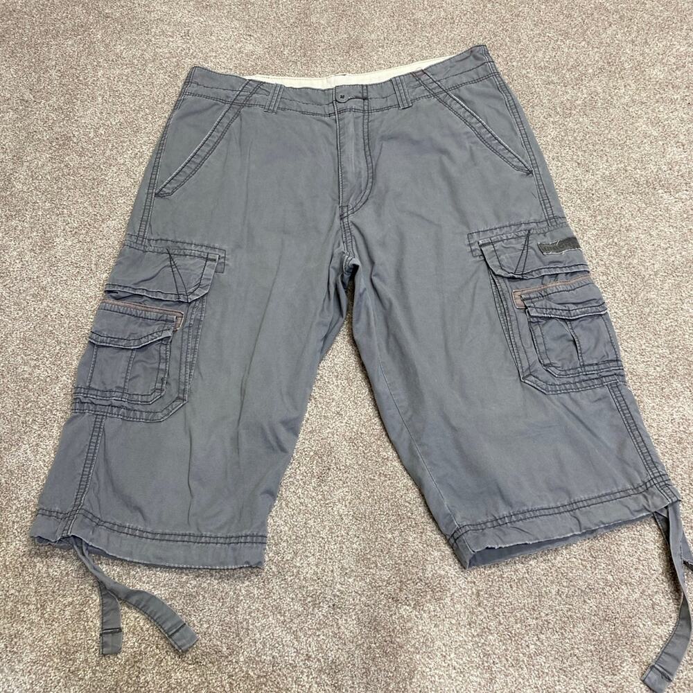 Y2K 00s Parachute Baggy Loose Skater Relaxed UNIONBAY Mens Gray Cargo Shorts 32